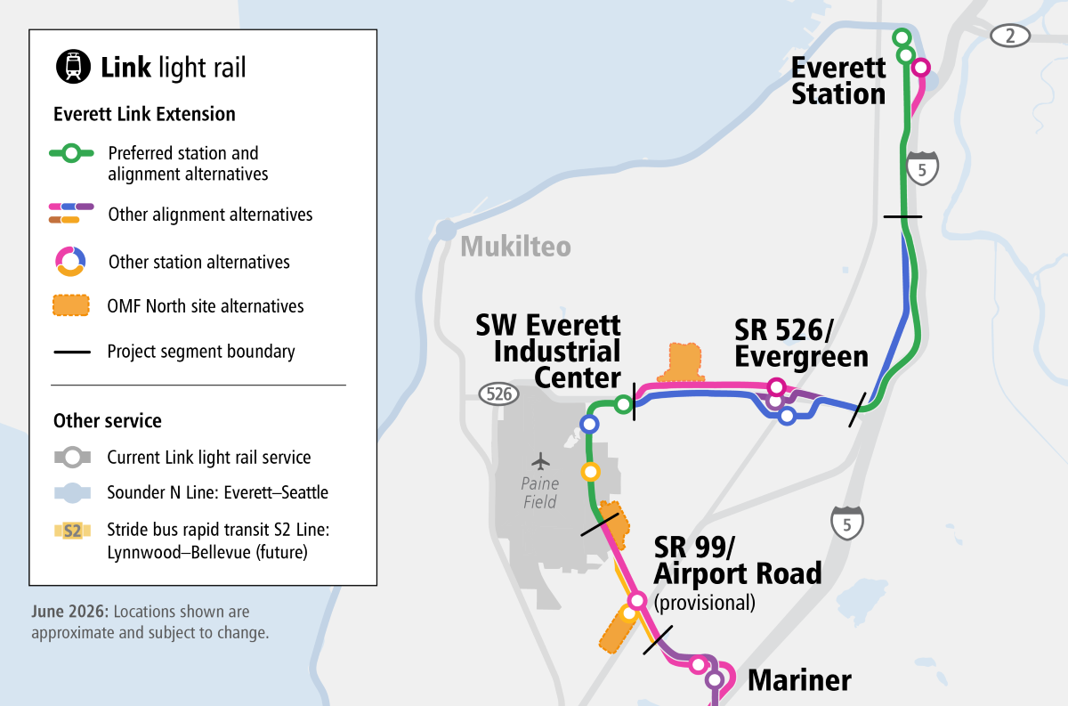 Map showing the Everett Link Extension’s 8 route segments, 18 station alternatives, and 3 OMF North alternatives.
